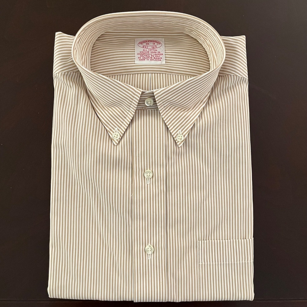 BROOKS BROTHERS Khaki White Stripe Oxford Cloth Button-Down Dress Shirt 16/33